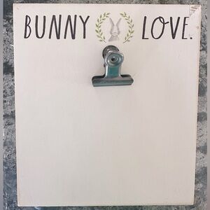 Rae Dunn “Bunny Love” wood block message board metal clip 7”x8” tabletop or hang